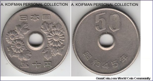 Y#81, Showa Yr.45 (1970) Japan 50 yen; copper-nickel, reeded edge; extra fine or about.