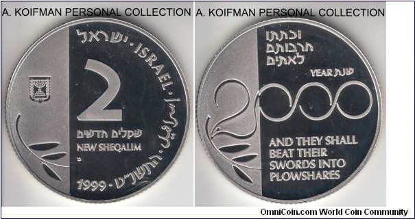 KM-329, Israel 1999 2 new sheqalim; proof, silver, reeded edge; deep cameo Millenium issue, mintage of 4,092 pieces.