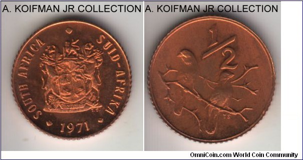 KM-81, 1971 South Africa 1/2 cent; proof, bronze, reeded edge; early Republican coinage, mintage of 12,000 in proof sets, obverse is highly reflective light cameo, does not come well on the scan, reverse is partially toned.