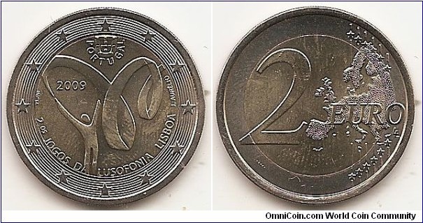 2 Euro
KM#786
8.5000 g., Bi-Metallic Nickel-Brass center in Copper-Nickel ring, 25.75 mm. Subject : 2009 Lusophony Games Obv: Coin depicts a gymnast swirling a long ribbon. The Portuguese coat of arms appears at the top together with the name of the issuing country ‘PORTUGAL’. At the bottom, the legend ‘2.os JOGOS DA LUSOFONIA LISBOA’ is inscribed between the initials ‘INCM’ on the left and the artist's name ‘J. AURÉLIO’ on the right. The year ‘2009’ appears above the gymnast. The coin's outer ring shows the 12 stars of the European Union on a background of concentric circular lines. Rev: 2 on the left-hand side, six straight lines run vertically between the lower and upper right-hand side of the face, 12 stars are superimposed on these lines, one just before the two ends of each line, superimposed on the mid - and upper section of these lines; the European continent ( extended ) is represented on the right-hand side of the face; the right-hand part of the representation is superimposed on the mid-section of the lines; the word ‘EURO’ is superimposed horizontally across the middle of the right-hand side of the face. Under the ‘O’ of EURO, the initials ‘LL’ of the engraver appear near the right-hand edge of the coin. Edge: Reeded with concave seven castles and five shields from Portuguese Coat of Arms. Obv. designer: José Aurélio Rev. designer: Luc Luycx