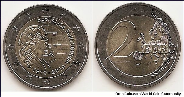 2 Euro
KM#796
8.5000 g., Bi-Metallic Nickel-Brass center in Copper-Nickel ring, 25.75 mm. Subject : 100 Years of The Portuguese Republic Obv: on the left a bust of woman in Phrygian cap facing right - personification of the Republic; in the background Portuguese Coat of Arms; along the top edge: REPÚBLICA PORTUGUESA (Portuguese Republic); along the bottom edge dates: 1910•2010•. The coin's outer ring shows the 12 stars of the European Union on a background of concentric circular lines. Rev: 2 on the left-hand side, six straight lines run vertically between the lower and upper right-hand side of the face, 12 stars are superimposed on these lines, one just before the two ends of each line, superimposed on the mid - and upper section of these lines; the European continent ( extended ) is represented on the right-hand side of the face; the right-hand part of the representation is superimposed on the mid-section of the lines; the word ‘EURO’ is superimposed horizontally across the middle of the right-hand side of the face. Under the ‘O’ of EURO, the initials ‘LL’ of the engraver appear near the right-hand edge of the coin. Edge: Reeded with concave seven castles and five shields from Portuguese Coat of Arms. Obv. designer: José Cândido Rev. designer: Luc Luycx