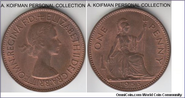 KM-883, 1953 Great Britain penny; bronze, plain edge; red brown uncirculated, this was a one year type.