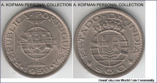 KM-32, 1959 Portuguese India 60 centavos; copper-nickel, plain edge; average uncirculated, toned.
