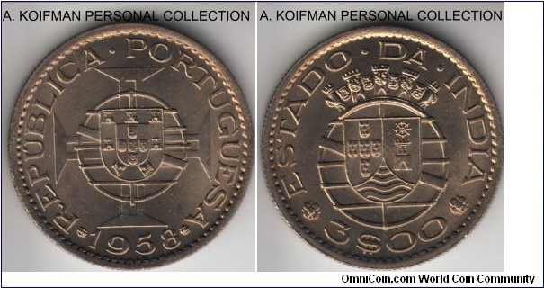 KM-34, 1958 Portuguese India 3 escudos; copper-nickel, reeded edge; brilliant uncirculated, very nice.