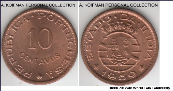 KM-30, 1959 Portuguese India 10 centavos; bronze, plain edge; red uncirculated.