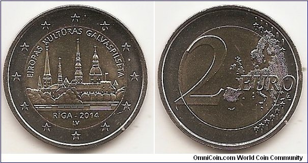 2 Euro
KM#158
8.5000 g., Bi-Metallic Nickel-Brass center in Copper-Nickel ring, 25.75 mm. Subject : Riga, European Capital of Culture 2014 Obv: The central image of the coin shows the skyline of Riga and the historic centre of the city that has been included in the list of the UNESCO World Heritage Sites. Depicted are, from left to right: St. John's Church, St. James's Cathedral, Three-Stars-Tower of Riga Castle, St. Peter's Church and Riga Cathedral. At the top of the image, the inscription 'EIROPAS KULTŪRAS GALVASPILSĒTA' (European Capital of Culture) and at the bottom the name of the celebrated city and the year of issuance 'RĪGA — 2014', and underneath the indication of the issuing country 'LV'. The coin's outer ring shows the 12 stars of the European Union on a background of concentric circular lines. Rev: 2 on the left-hand side, six straight lines run vertically between the lower and upper right-hand side of the face, 12 stars are superimposed on these lines, one just before the two ends of each line, superimposed on the mid - and upper section of these lines; the European continent ( extended ) is represented on the right-hand side of the face; the right-hand part of the representation is superimposed on the mid-section of the lines; the word ‘EURO’ is superimposed horizontally across the middle of the right-hand side of the face. Under the ‘O’ of EURO, the initials ‘LL’ of the engraver appear near the right-hand edge of the coin. Edge: Reeded with inscription DIEVS SVĒTĪ LATVIJU. Obv. designer: Henrihs Vorkals Rev. designer: Luc Luycx