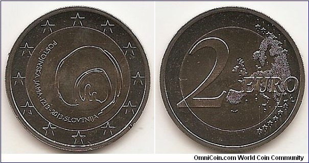 2 Euro
KM#112
8.5000 g., Bi-Metallic Nickel-Brass center in Copper-Nickel ring, 25.75 mm. Subject : 800 Years since the Discovery of the Postojna Cavee Obv: The central image of the coin is a stylised spiral that starts, on the left-hand side of the inner part, with inscription “POSTOJNSKA JAMA • 1213 - 2013 • SLOVENIJA” and ends with two stylised speleothems. The coin's outer ring shows the 12 stars of the European Union on a background of concentric circular lines. Rev: 2 on the left-hand side, six straight lines run vertically between the lower and upper right-hand side of the face, 12 stars are superimposed on these lines, one just before the two ends of each line, superimposed on the mid - and upper section of these lines; the European continent ( extended ) is represented on the right-hand side of the face; the right-hand part of the representation is superimposed on the mid-section of the lines; the word ‘EURO’ is superimposed horizontally across the middle of the right-hand side of the face. Under the ‘O’ of EURO, the initials ‘LL’ of the engraver appear near the right-hand edge of the coin. Edge: Reeded with inscription SLOVENIJA• Obv. designer: Matevž Zalar Rev. designer: Luc Luycx