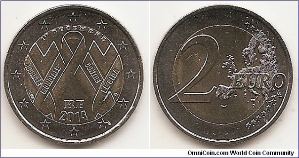 2 Euro
KM#NEW
8.5000 g., Bi-Metallic Nickel-Brass center in Copper-Nickel ring, 25.75 mm. Subject : World AIDS Day Obv: The red ribbon, symbolising the fight against AIDS, is featured in the coin’s central field. The ribbon was created by the Visual AIDS Artists Caucus and the US painter Frank Moore. It should be worn close to the heart to symbolise solidarity with AIDS sufferers and is in the shape of an upside-down V. The idea is for it to be worn as a V one day to signify victory over the disease. There are three ribbons in the central field. One is in the conventional position and will be coloured red for the brilliant uncirculated (BU) and proof (PRF) versions. The other two ribbons are inverted and associated with two Vs to strengthen the symbolism of the much-hoped-for victory over the disease. The date 1 December, Unesco World AIDS Day, appears at the top of the central field. The coin's outer ring shows the 12 stars of the European Union on a background of concentric circular lines. Rev: 2 on the left-hand side, six straight lines run vertically between the lower and upper right-hand side of the face, 12 stars are superimposed on these lines, one just before the two ends of each line, superimposed on the mid - and upper section of these lines; the European continent ( extended ) is represented on the right-hand side of the face; the right-hand part of the representation is superimposed on the mid-section of the lines; the word ‘EURO’ is superimposed horizontally across the middle of the right-hand side of the face. Under the ‘O’ of EURO, the initials ‘LL’ of the engraver appear near the right-hand edge of the coin. Edge: Reeded with 2 * *, repeated six times, alternately upright and inverted. Rev. designer: Luc Luycx