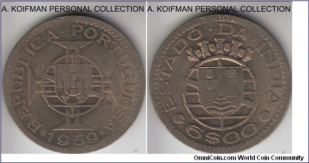 KM-35, 1959 Portuguese India 6 escudos; copper-nickel, reeded edge; bank cancelled (according to the seller), I guess he mean they were put under the press or something similar, the edge which has no wear show structural deformation along the full length, maybe from the press.
