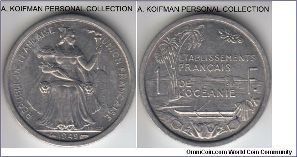 KM-2, 1949 French Oceania franc; aluminum, plain edge; dull uncirculated.