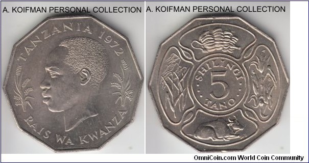 KM-6, 1972 Tanzania 5 shillingi; copper nickel, plain edge, 8 sided flan; average uncirculated or about.