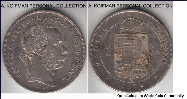 KM-453.1, 1879 Hungary forint; silver, lettered edge; very fine or so, possible old cleaning.