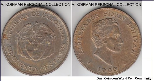 KM-217, 1963 Colombia 50 centavos; copper-nickel, reeded edge; unusually red toned, extra fine or about for wear.
