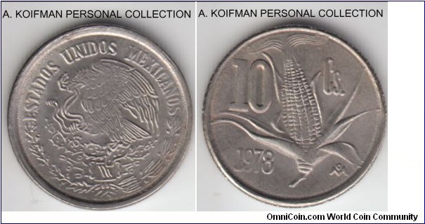 KM-434.2, 1978 Mexico 10 centavos; copper-nickel, weakly struck uncirculated coin.