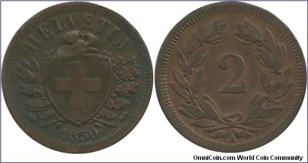 Switzerland 2 Rappen 1850A