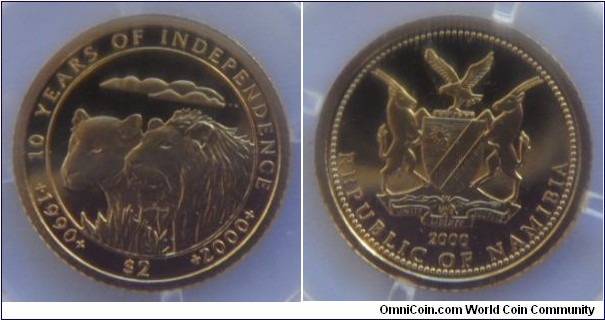 Namibia 10th Independence - N$2 Gold coin 1/25 oz (13mm)