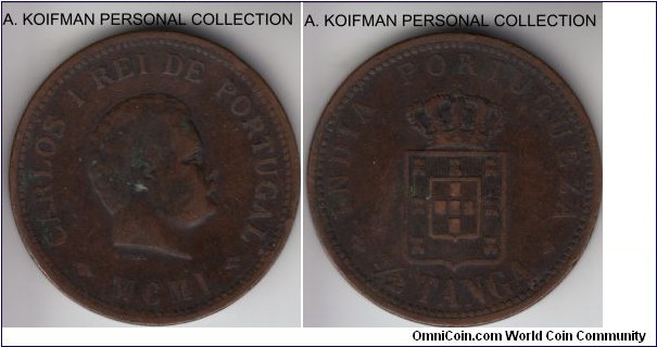 KM-16, 1901 Portuguese India 1/2 tanga; bronze, plain edge; fine to very fine.