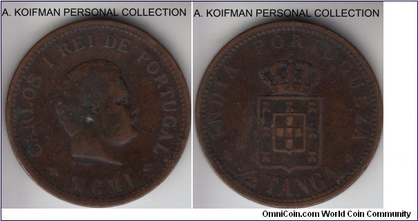 KM-16, 1901 Portuguese India 1/2 tanga; bronze, plain edge; fine to very fine.