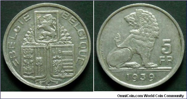 Belgium 5 francs.
1939, Belgie-Belgique