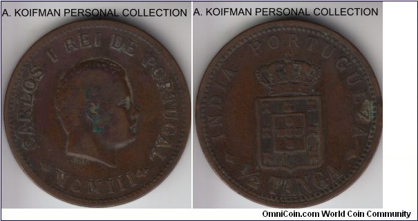 KM-16, 1901 Portuguese India 1/2 tanga; bronze, plain edge; fine or better.
