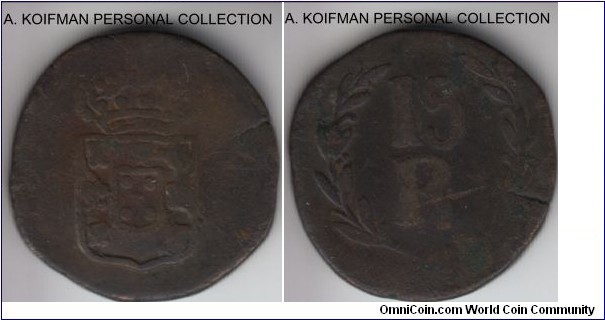 KM-263, ND Portuguese India 15 reis; copper, plain edge; very good or so, common issue.