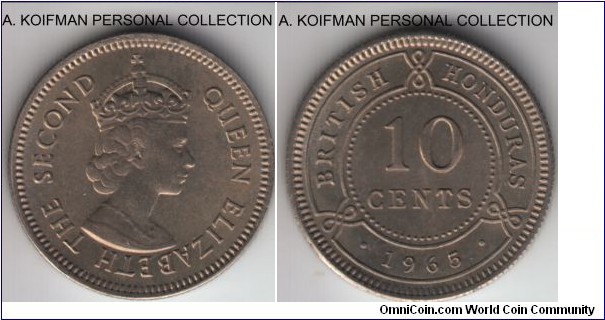 KM-32, 1965 British Honduras 10 cents; copper-nickel, reeded edge; very nice uncirculated, 1965/6 overdate variety.