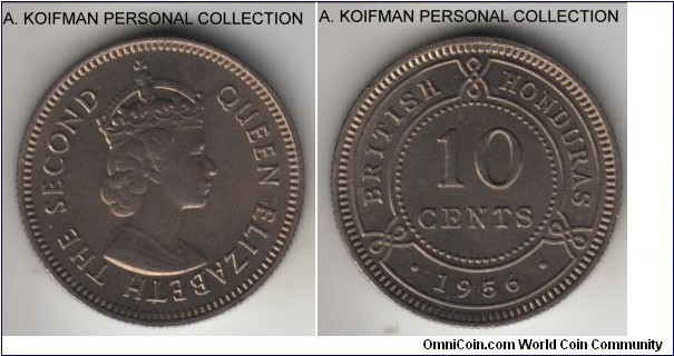 KM-32, 1956 British Honduras 10 cents; copper-nickel, reeded edge; bright uncirculated, first year of the type, mintage 100,000.