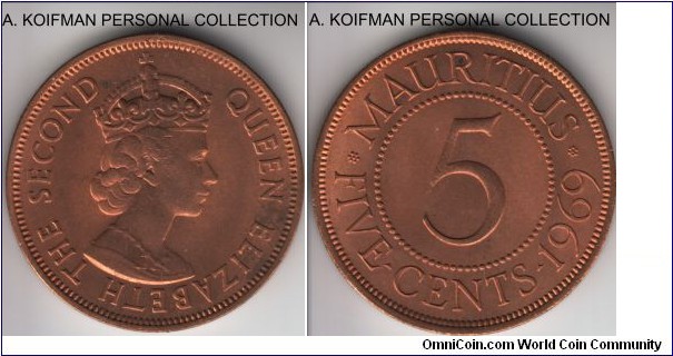 KM-34, 1969 mauritius 5 cents; bronze, plain edge; mostly red, uncirculated.
