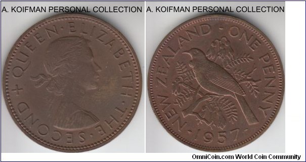 KM-24.1, 1957 New Zealand penny; bronze, plain edge; about uncirculated, brown.