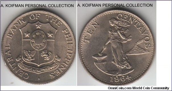KM-188, 1964 Philippines 10 centavos; copper-nickel-zinc, reeded edge; average uncirculated.