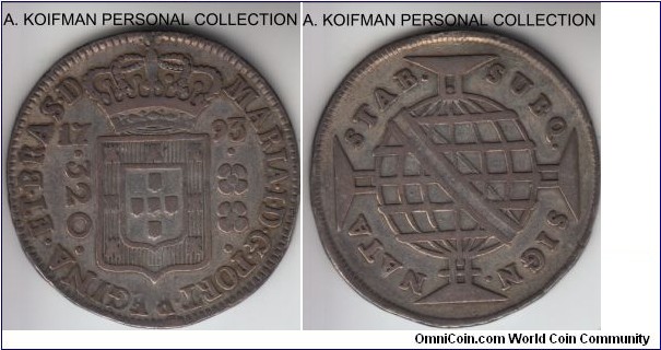 KM-221.1, 1793 Brazil (Colony) 320 reis, Lisbon mint (no mint mark); silver, corded edge; scarce series with all years in small mintages, mintage 31,000 that year in geed very fine, edge is pretty bad, seems this is true for most of these coins I have seen on the eBay, possibly ex-jewelry, this looks to me as a large crown, e.g. high crown in Krause definition variety.