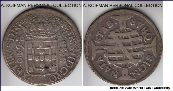 KM-90.1, 1699 Brazil (Colony) 640 reis; silver, slant reeded edge; very fine or about, strong edge. 