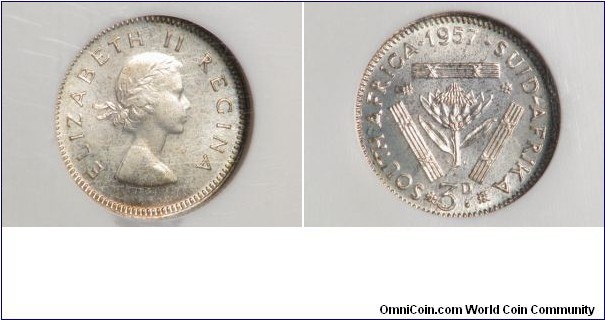 KM-47, 1957 South Africa (Dominion) 3 pence; proof, silver, plain edge; toned, NGC graded PF 66 (#3073033-041), mintage 1,130.