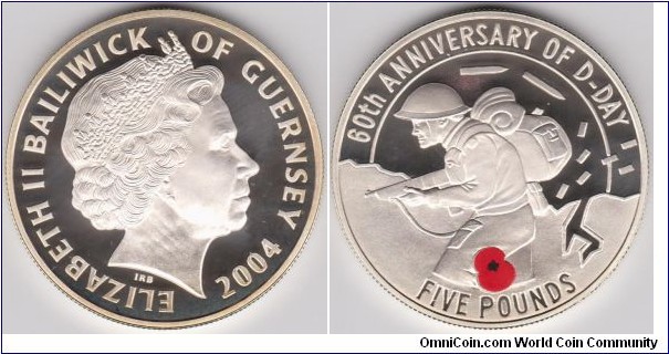 2004 D-Day 60th Anniversary Elizabeth II, Bailiwick of Guernsey Silver Proof Five Pounds