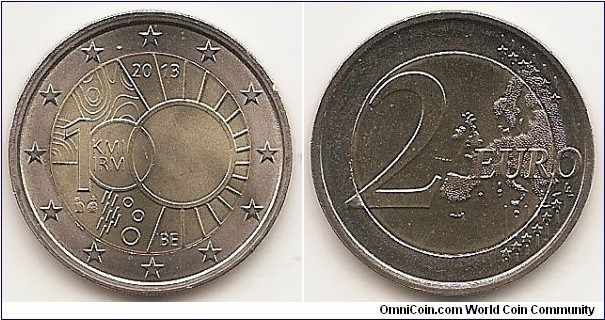 2 Euro
KM#323
8.5000 g., Bi-Metallic Nickel-Brass center in Copper-Nickel ring, 25.75 mm. Subject : 100 Years of Royal Meteorological Institute Obv: The inner part of the coin displays in its centre the number 100 with the first zero encircling the abbreviations 'KMI' and 'IRM' and the second zero representing a sun. Isobars, raindrops and snowflakes are depicted to the left of the sun. The year '2013' is displayed in the upper rays of the sun and the nationality 'BE' is indicated in the lower rays. The mark of the mint master and the mark of the Brussels mint, a helmeted profile of the Archangel Michael, are displayed under the '1' of the number '100'. The coin's outer ring shows the 12 stars of the European Union on a background of concentric circular lines. Rev: 2 on the left-hand side, six straight lines run vertically between the lower and upper right-hand side of the face, 12 stars are superimposed on these lines, one just before the two ends of each line, superimposed on the mid - and upper section of these lines; the European continent ( extended ) is represented on the right-hand side of the face; the right-hand part of the representation is superimposed on the mid-section of the lines; the word ‘EURO’ is superimposed horizontally across the middle of the right-hand side of the face. Under the ‘O’ of EURO, the initials ‘LL’ of the engraver appear near the right-hand edge of the coin. Edge: Reeded with 2 * *, repeated six times, alternately upright and inverted. Obv. designer: Denayer de Hofstade Rev. designer: Luc Luycx