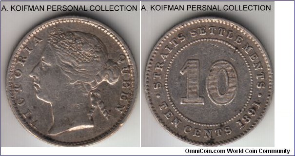 KM-11, 1891 Straits Settlements 10 cents; silver, reeded edge; good fine to very fine.