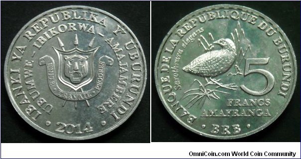 Byrundi 5 francs.
2014, Buff-spotted flufftail (Sarothrura elegans) 