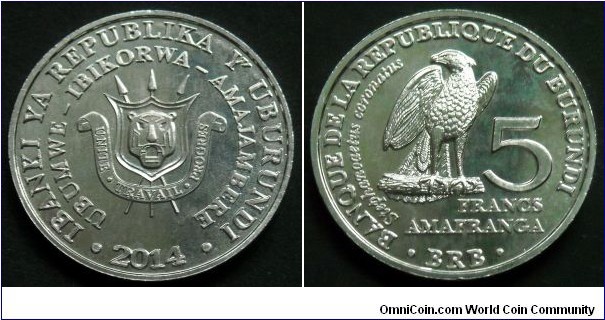 Burundi 5 francs. 2014, African crowned eagle (Stephanoaetus coronatus)