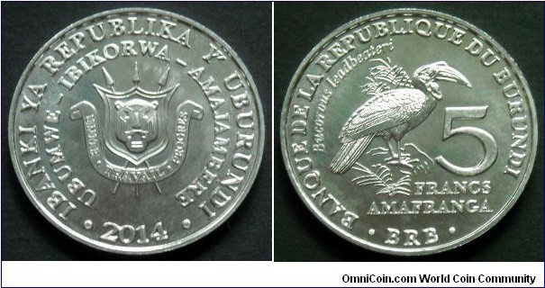 Burundi 5 francs.
2014, Southern ground hornbill (Bucorous leadbeateri)