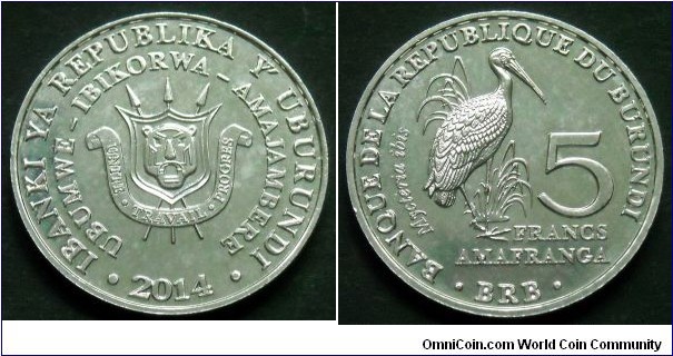 Burundi 5 francs.
2014, Yellow-billed stork (Mycteria ibis)