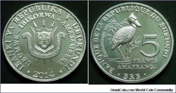 Burundi 5 francs.
2014, Shoebill (Balaeniceps rex) 