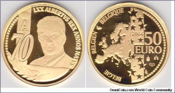 2004 Belgium King Albert 50 Euro Proof Gold LXX Albert Rex Annos Natvs 
