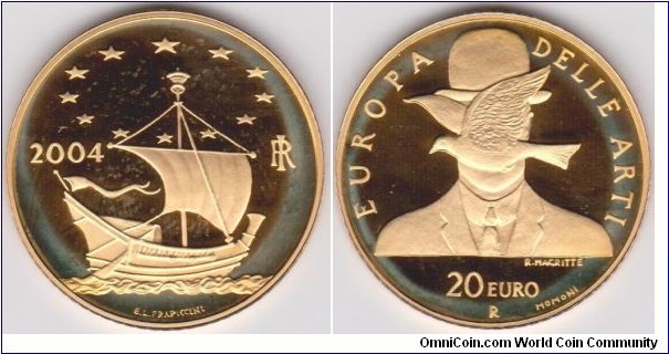 2004 Italy 20 Euro Gold Proof Europe of the Arts - René Magritte 