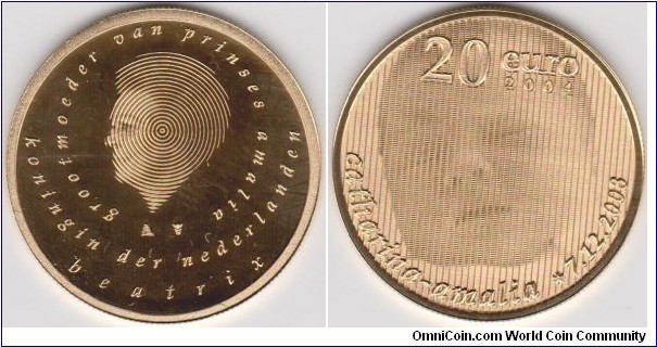 2004 Netherland Catharina-Amalia Beatrix Carmen Victoria 20 Euro Gold Proof