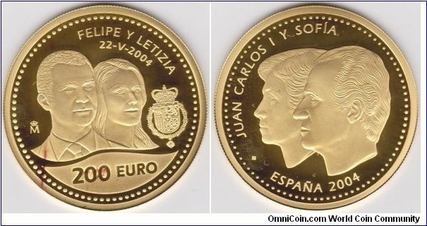 2004 Spain Felipe and Letizia 200 Euro Proof Gold 