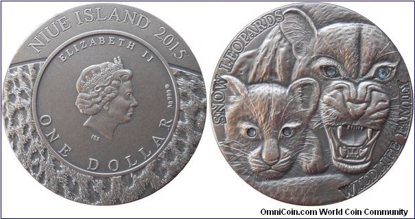 1 Dollar - Snow leopards family - 31.1 g 0.999 silver antique finish (with 4 Swarovski crystals) - mintage 500 pcs only