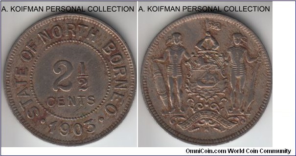 KM-4, 1903 British North Borneo 2 1/2 cents, Heaton (H mint mark); copper-nickel, plain edge; very fine, dirty.