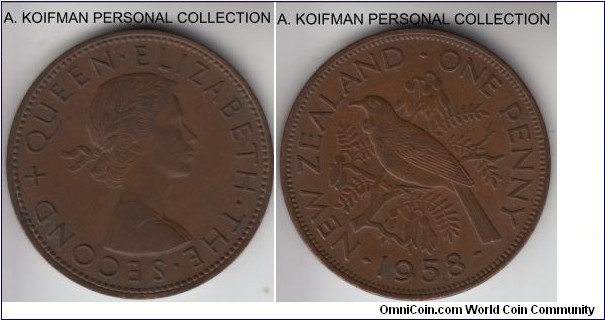 KM-24.1, 1958 New Zealand penny; bronze, plain edge; about uncirculated, brown.