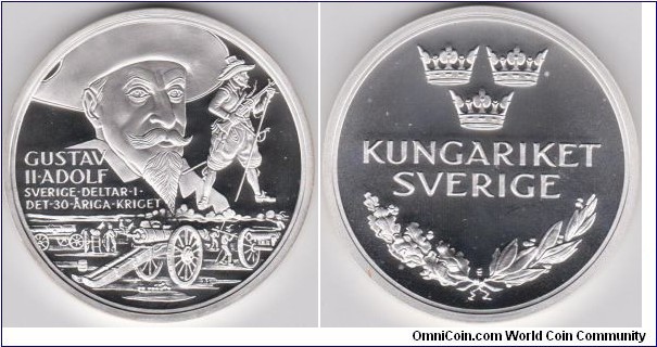 Sweden Sovereigns Medal Series History King Gustav II Adolf 1611-1632 Silver in proof , Weight 20 grams, Diameter of 38.61 mm