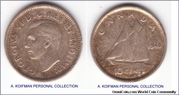 KM-34, 1940 Canada 10 cents; silver, reeded edge; good very fine, toned.